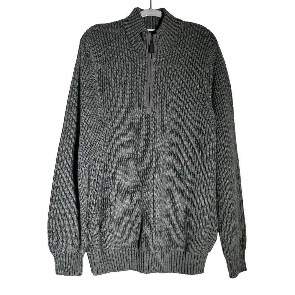 G. H. Bass Sweater Pullover Men's Size XL 1/3 Zip Gray Black Thick Heavy Knit